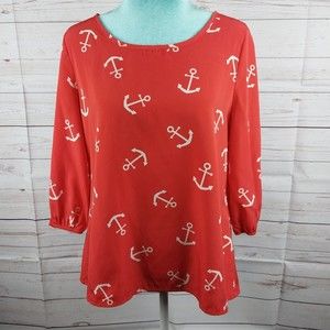 Peach Love Cream California Blouse Top Orange Anchors 3/4 Sleeve Women's Sz S